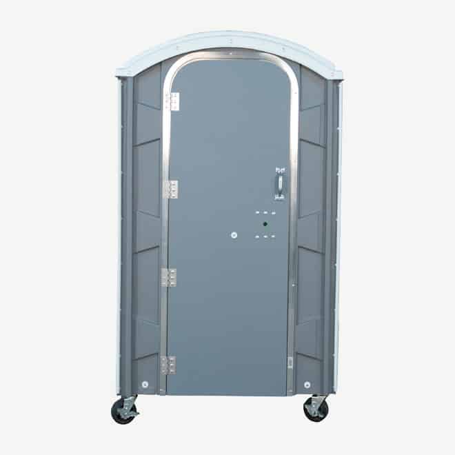 polyportables poly mini grey portable toilet front view