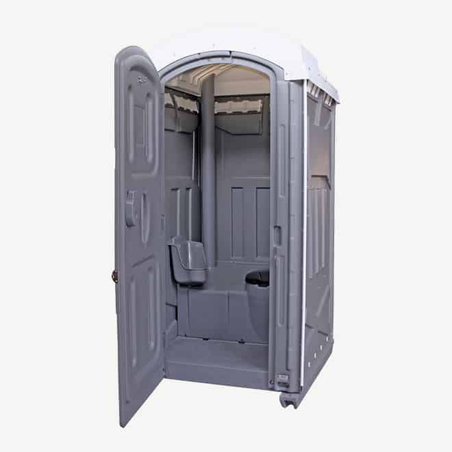 polyportables axxis grey portable toilet door open perspective view
