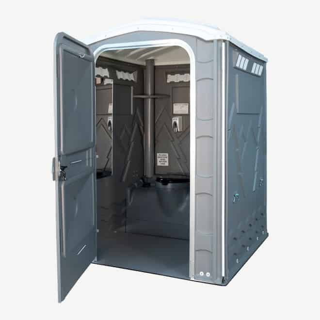 polyportables boudoir grey portable toilet door open perspective view