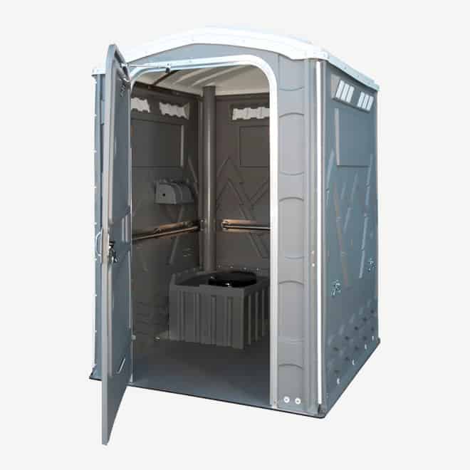 polyportables eau grey portable toilet door open perspective view