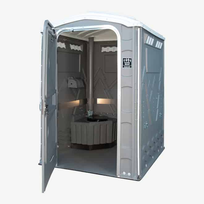 polyportables family room grey portable toilet door open perspective view