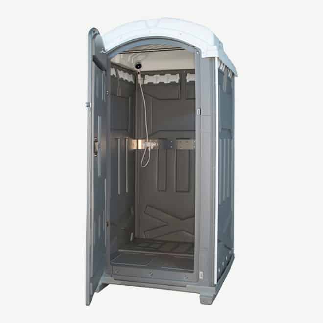 polyportables fresh start shower grey portable toilet door open perspective view