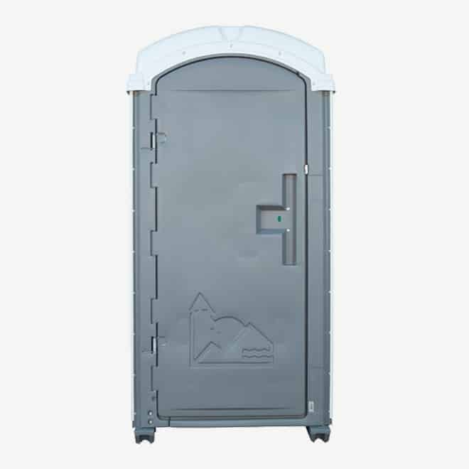 polyportables integra grey portable toilet door open front view