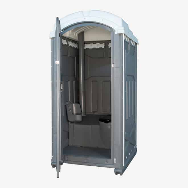 polyportables integra grey portable toilet door open perspective view