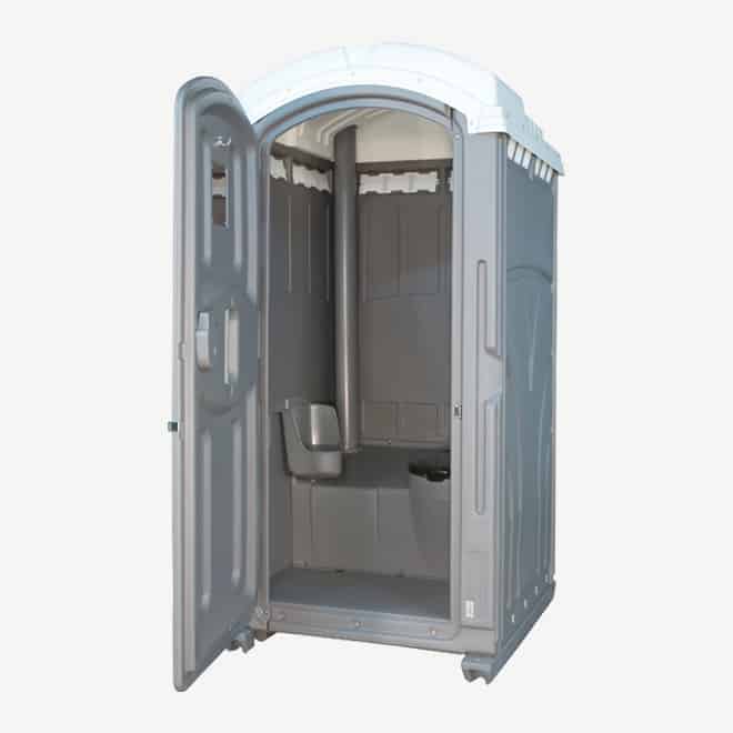 polyportables vantage grey portable toilet door open perspective view